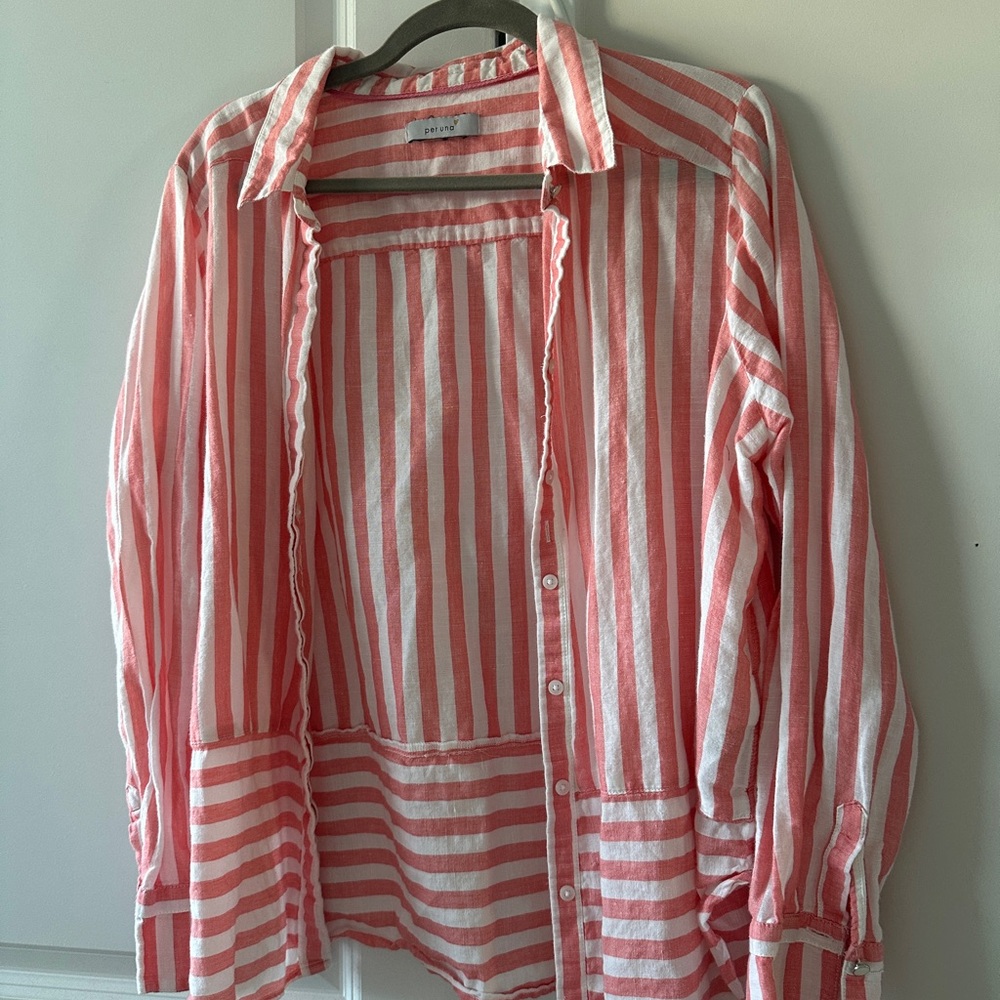 Per Una Pink and White Striped Button Down linen Shirt